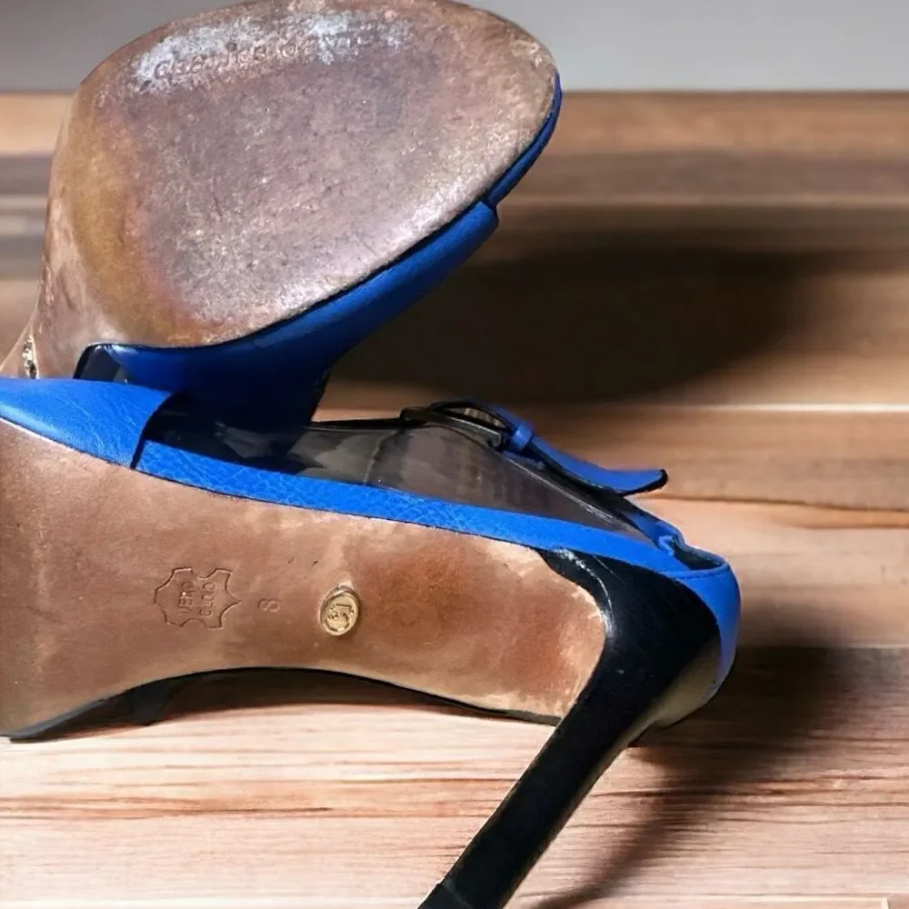 Charles David Blue Leather Stiletto Sandals Peep Toe Ankle Strap Women's Size 8